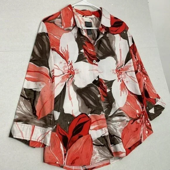 Chico's Blouse, 3/4 Sleeve Floral Button Up, Large - Picture 2 of 11